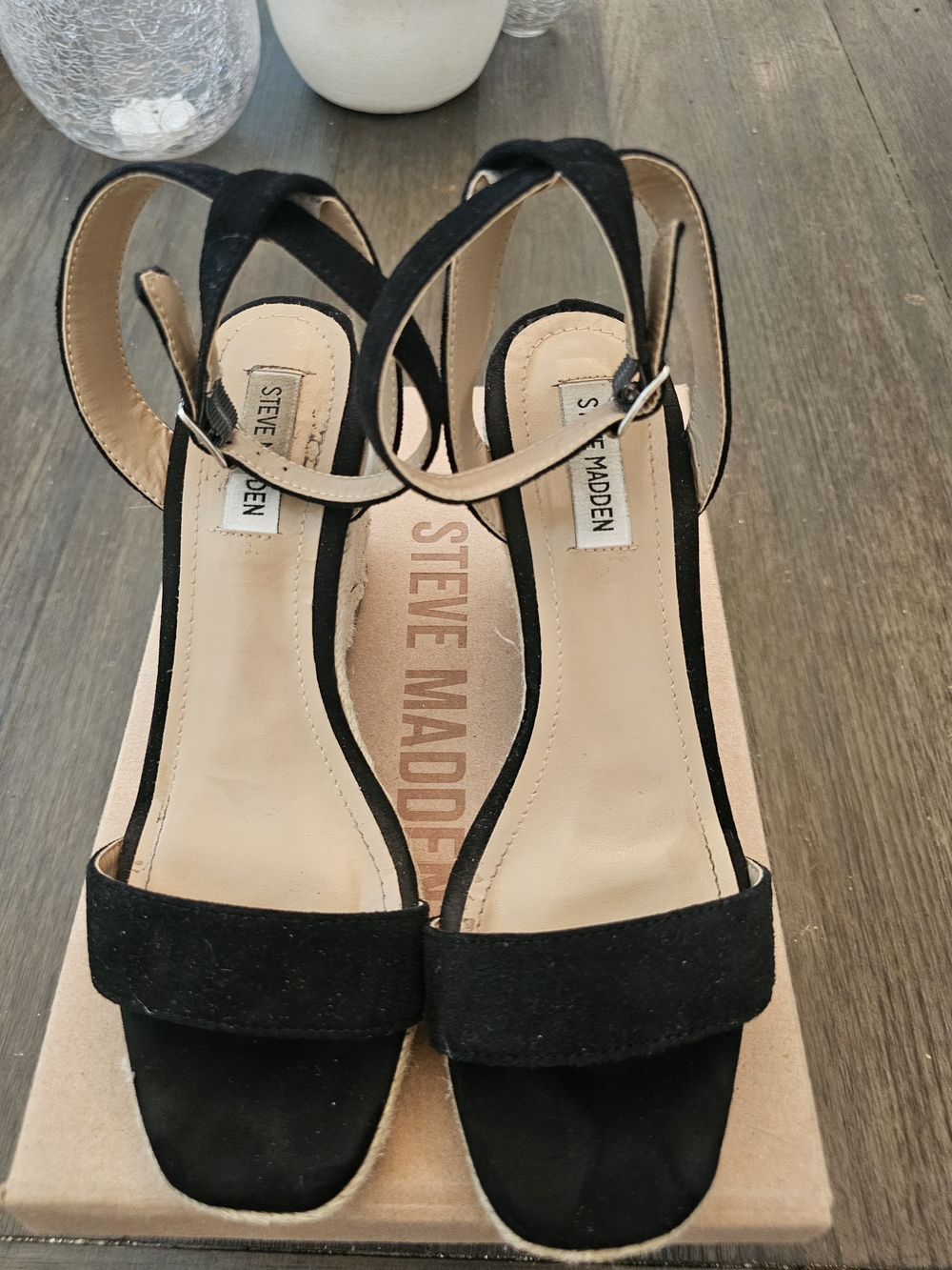 Steve Madden Black Parra Suede Espadrille Wedge Sandals Size 9.5 – With Box
